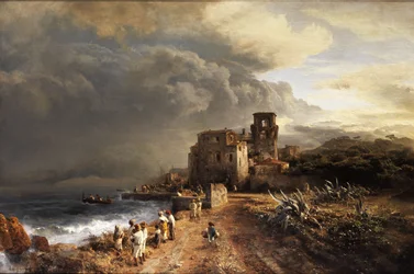 Shaded coastal landscape with staffage figures